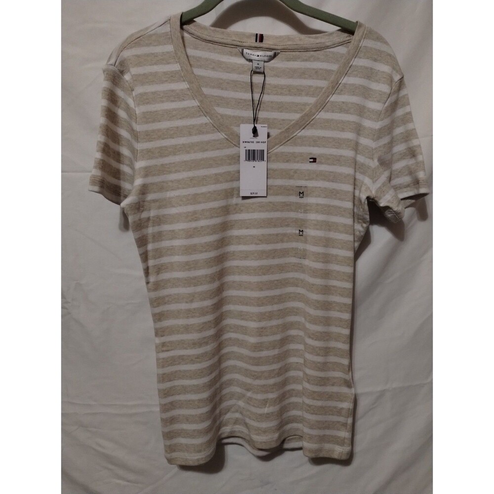 Tommy Hilfiger Women’s Beige White Striped V-Neck Knit Logo Tee M